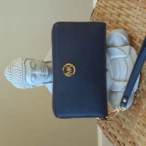 Michael Kors Navy Blue Zip Around Pebbled Leather Wristlet Wallet